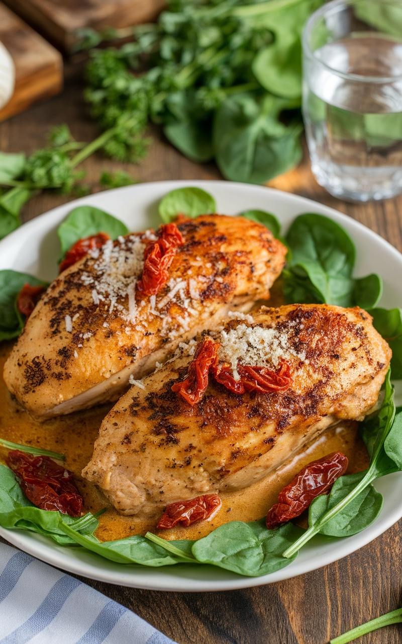 Creamy keto Tuscan chicken on a plate, garnished with spinach and sun-dried tomatoes.